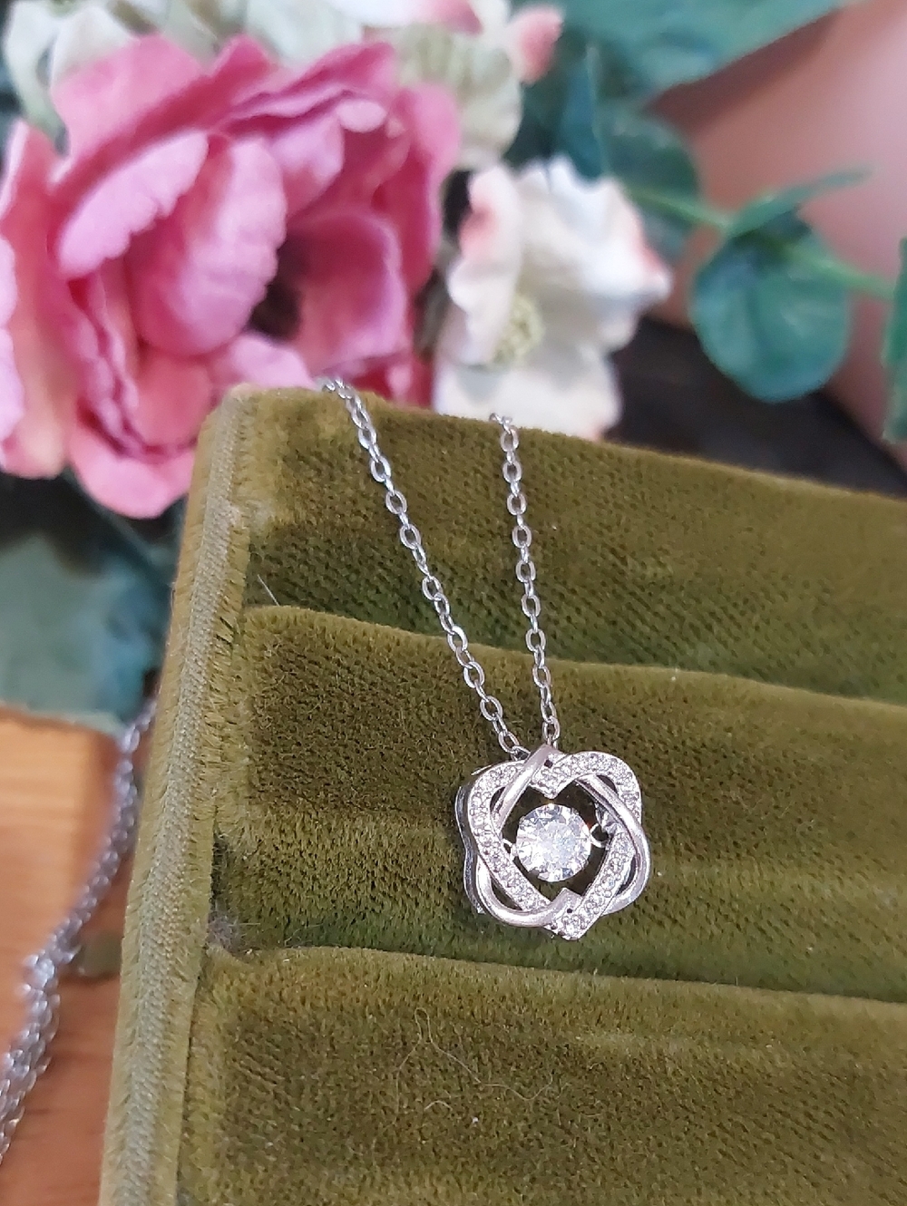 925 Sterling Silver Floating Cubic Zirconia Heart Knot Necklace